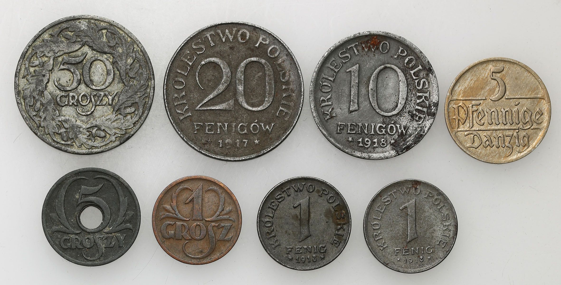 II RP, Królestwo Polskie,, WGG. Grosze, fenigi zestaw 8 monet